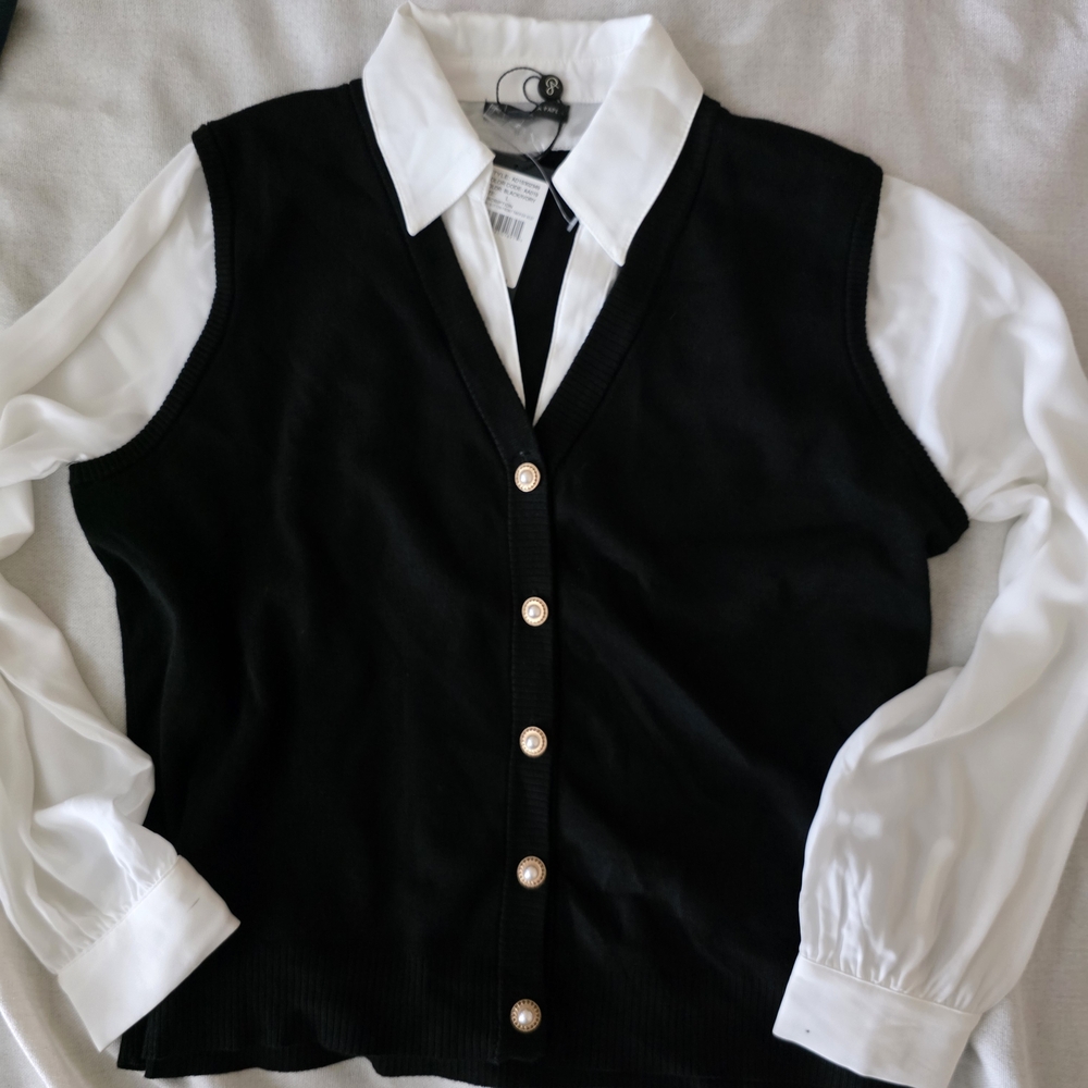 Adrianna Papell Black Button Down Sweater Vest Long Sheer Sleeves Classy Size L - Picture 4 of 14